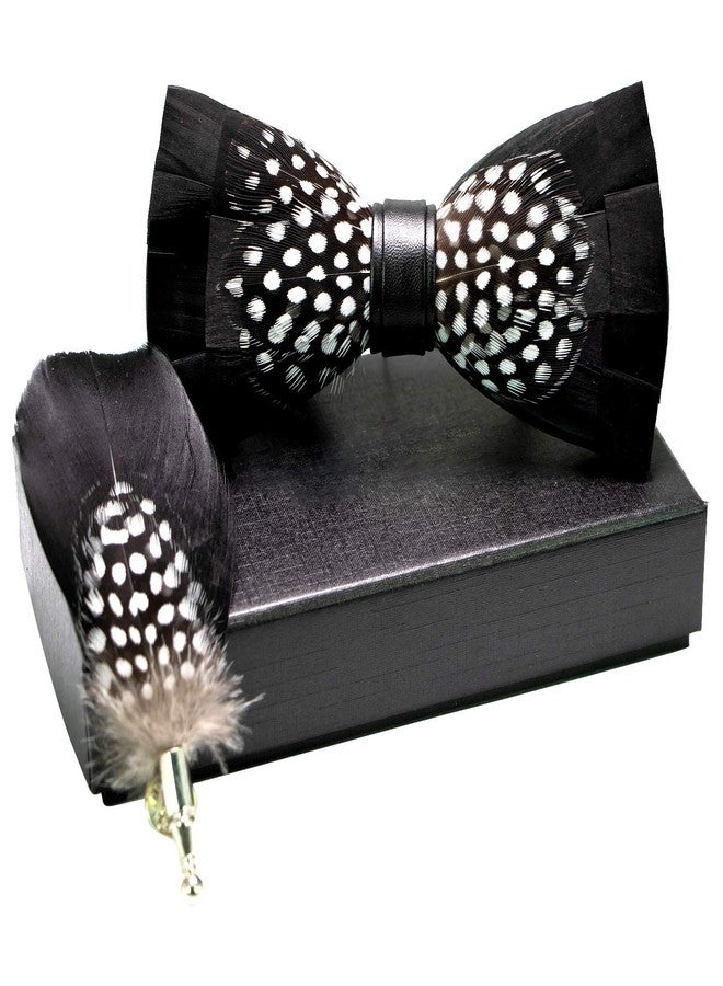 RBOCOTT Mens Handmade Feather Pre-tied Bow tie and Brooch Sets (black/white) - Image 2